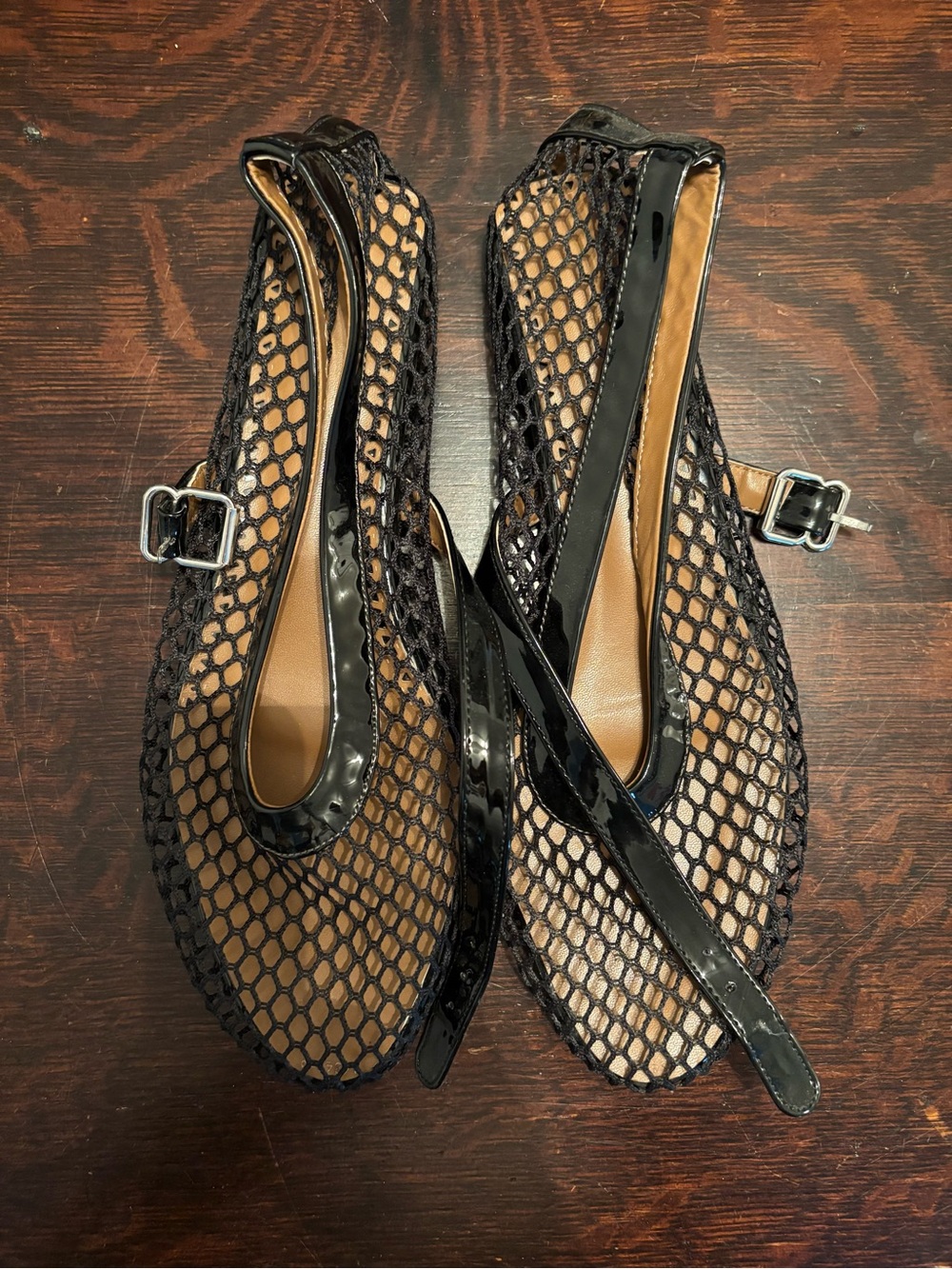 Black Mesh Patent Leather Women’s Flats with Buckle Strap